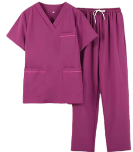 Ensemble de blouses médicales unisexe en coton et polyester tissé, uniforme d'hôpital bleu, col en V avec poches et pantalon à cordon de serrage - Product Image 3