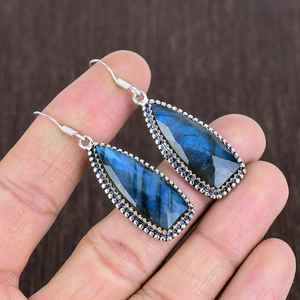 Boucles d'oreilles pendantes en labradorite bleue, plaqué argent 925, style bohème, bijoux en pierres précieuses faits à la main, cadeau - Product Image 6