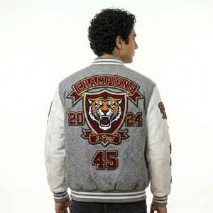 High Quality Men's Customized College <b>Jacket</b> Gray White Varsity <b>Jacket</b> Chenille Embroidered Patches Baseball <b>Letterman</b> <b>Jacket</b> - Product Image 6
