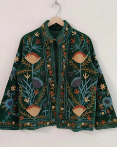 Vert Velours Floral Suzani Brodé À La Main Boho Manteau Ouzbek Chaud Veste Folk Festival Duster Survêtement Coupe-Vent Broderie - Product Image 1