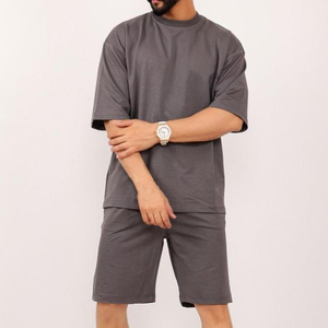 Men's Gray Cotton Crew Neck T-Shirt <b>Set</b> Solid Color Casual Summer <b>Knitted</b> Short Sleeve Tops And Shorts For Men - Product Image 1