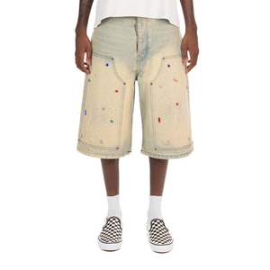 Pantalones Cortos Bermuda de Mezclilla para Hombre, Lavado Claro, con Diseño de Puntos con Lentejuelas, Cintura Media, Cierre de Botones, Estilo Casual, Tejido de Algodón - Product Image 1