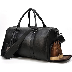 Sac de voyage en cuir avec compartiment à chaussures, fermeture éclair, unisexe, noir, 36-55L, poignée souple - Product Image 4