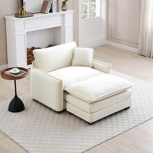 Divano Singolo Profondo in Corduroy Bianco con Poggiapiedi e Cuscino, Arredamento Versatile per Soggiorno, Camera da Letto, Club e Molteplici Occasioni - Product Image 1