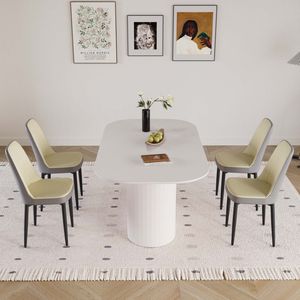 Tavolo da Pranzo in Stile Moderno Medievale da 160 cm in MDF Color Crema con Set di 4 Sedie da Pranzo in PU, Piano in Metallo Nero e Gambe in Metallo - Product Image 3