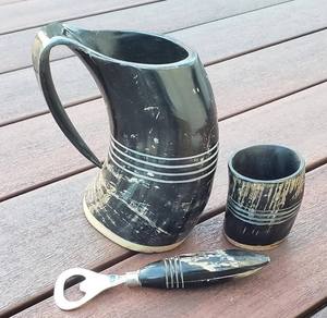 Horn Mug 3-Piece <b>Set</b>-Large Polished Handmade Organic Viking Style Horn <b>Shot</b> <b>Glass</b> Opener. Holiday Birthday Anniversary Wedding - Product Image 4