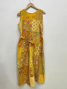 เดรสผ้าฝ้ายปะติดปะต่อแขนกุดสำหรับผู้หญิง สีเหลือง คอเสื้อทำมือ สไตล์โบฮีเมียน ชุดลำลองฤดูร้อน ไซส์เดียว - Product Image 4