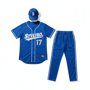 Styliro Baseball Jersey Set Men's Blue Short Sleeve Moisture Wicking Polyester Uniform With Pants And <b>Cap</b> - Product Image 1