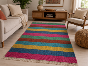 Alfombra Tejida a Mano Multicolor con Rayas de Cáñamo, Alfombra de Algodón de Tejido Plano Ecológica, Alfombra Boho para Sala de Estar - Product Image 3