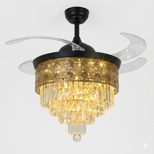 Invisible Blade <b>Ceiling</b> Fan Luxury Gold <b>Crystal</b> Chandelier <b>LED</b> Remote Control Hanging <b>Light</b> for Modern Home Dining Room - Product Image 1