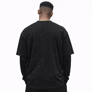 Camiseta de manga larga de doble capa con bordado moderno y pedrería para hombre, camiseta negra extragrande de algodón, estilo hip hop, conjunto de dos piezas. - Product Image 4