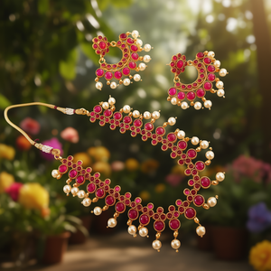 <b>Ruby</b> Stone Studded Floral Antique Style Fine Jewelry <b>Necklace</b> Set - Product Image 3
