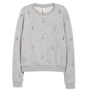Sweat-shirt gris imprimé pour femme, col rond, manches longues, avec strass sur le devant, style décontracté, pull tendance pour l'automne - Product Image 3