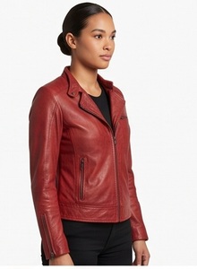 Veste en cuir rouge ajustée pour femme, col rabattu, style moto, coupe slim personnalisée, fermeture éclair intégrale, fournisseur en gros - Product Image 5