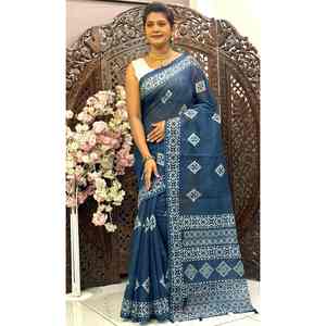 DISEÑADOR LINO SEDA IMPRESIÓN DIGITAL TRABAJO SAREE CON BLUSA DESCOSADA AZUL - Product Image 1