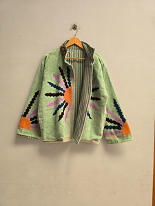 Wholesale Vintage Style Light <b>Green</b> <b>Velvet</b> Jacket Women Hand Embroidered Sun Short Coat Boho Winter Outerwear With Geometric - Product Image 3