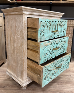 Commode orientale sculptée en bois massif indien turquoise finition naturelle, fabriquée à la main, pour la maison, le bureau ou la chambre à coucher, OEM - Product Image 2