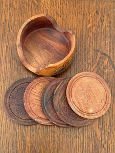 Vintage Wooden <b>Coaster</b> <b>Set</b> with Holder, Hand Carved Wood <b>Coasters</b> - Product Image 1