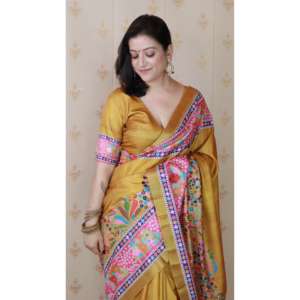 Sari en soie Tussar dorée Elite Weaves à imprimé floral avec bordure tissée Zari 500g pour robes de cocktail - Product Image 5