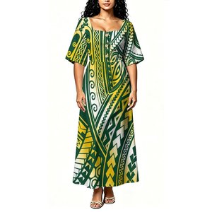 Robe longue tendance pour femme à imprimé floral Frangipani Samoa, col carré, boutonnée sur le devant, manches courtes, taille haute - Product Image 4