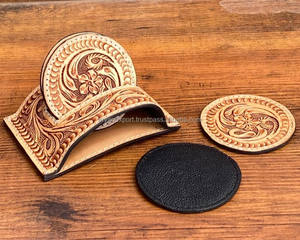 Ensemble de sous-verres en cuir véritable fait main sur mesure avec support, 4 pièces, sous-verres en cuir véritable, tapis de table basse, sous-verres pour tasses - Product Image 4