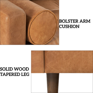 Canapé en cuir Cognac de qualité supérieure, 2 places, avec dossier capitonné, style moderne du milieu du siècle, canapé de salon, design avec pieds en bois massif - Product Image 3