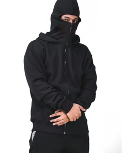 Men <b>Crew</b> <b>Neck</b> Fleece <b>Sweatshirt</b> Solid <b>Black</b> Windproof Mask Design Pocket Regular Fit Autumn Casual Knitted 100% Cotton 400g - Product Image 2