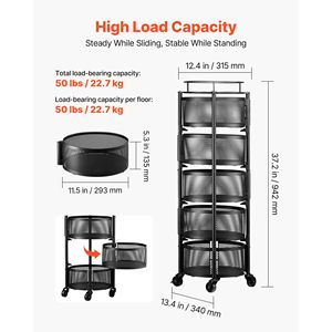 5 Tier Heavy Duty Wire Basket Organizer with Wheels Large Capacity Rotating <b>Storage</b> Rack Cart for Fruit <b>Vegetable</b> Cleaning Use - Product Image 3