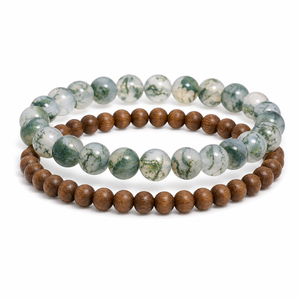 Moss Agate & Natural Wood Beaded Unisex <b>Stacking</b> <b>Bracelet</b> Set for Religious & Gift Occasions - Product Image 1