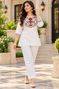 White Embroidered Straight <b>Kurta</b> with Palazzo Pants <b>Indian</b> Ethnic Set - Product Image 6