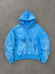 Sudadera con Capucha Personalizada con Lavado Ácido y Bordado, Detalles Desgastados y Rasgados en las Mangas, Felpa de Algodón Grueso, Secado Rápido, Ecológica - Product Image 1