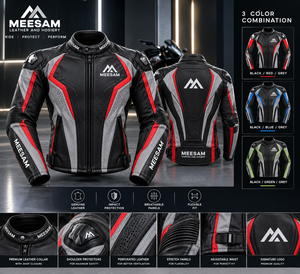 Chaqueta de cuero para motocicleta para hombre, con bloques de color, manga larga, para carreras, de piel de vaca, perforada tipo canguro, con estampado de color desvanecido - Product Image 2