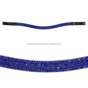 Diadema de cuero genuino negro curvado con cadena decorativa de pequeñas piedras azules brillantes de excelente calidad para carreras de caballos. - Product Image 2