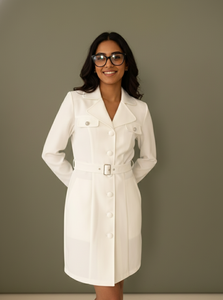 Modern <b>White</b> Lab <b>Coat</b> Dress For Women Professional <b>Belted</b> Medical Uniform Slim Fit Doctor <b>Coat</b> High End Clinical - Product Image 5