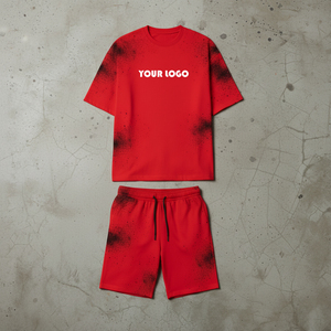 High Street Hip Hop Men's T-Shirt Shorts <b>Set</b> 305Gsm Hot Sale Custom Logo Heavyweight Breathable Splash Ink for Men - Product Image 2