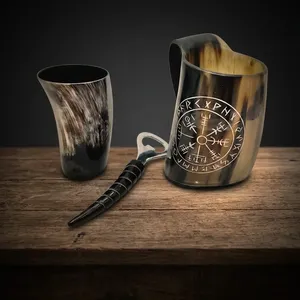 Juego de cuernos de buey de alta calidad, 3 piezas, estilo vikingo natural, taza de cuerno de buey para beber con vaso de chupito y abridor de botellas de cuerno. - Product Image 2