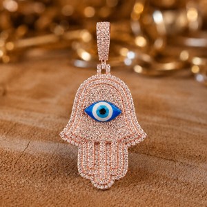 Collier Pendentif Main de Hamsa et Œil Turc en Métal Argenté et Moissanite, Luxe, Sertissage Pavé, Bijoux de Mode Unisexe - Product Image 2