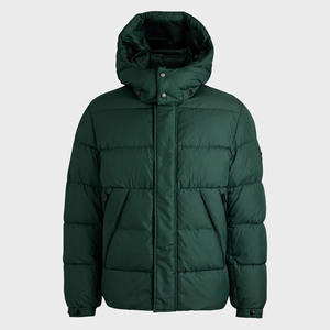 Veste matelassée pour homme, vert foncé, à capuche, col montant, fermeture éclair, coupe-vent, rembourrée de duvet, vêtement d'hiver décontracté, coupe régulière - Product Image 1