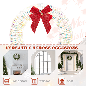 Guirnalda Navideña Iridiscente Preiluminada de 24 Pulgadas para Exteriores, Luces LED Blancas Cálidas, Guirnalda Metálica Iluminada con Lazo Rojo para Navidad - Product Image 4