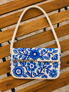 Handmade Lightweight Beaded Floral Envelope Crossbody <b>Bag</b> Women Bohemian Style <b>Shoulder</b> Flap Purse Satin <b>White</b> Blue - Product Image 4