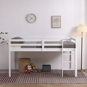 Letto a castello in legno di pino con traliccio e scaletta dritta, bianco - per bambini - Product Image 1