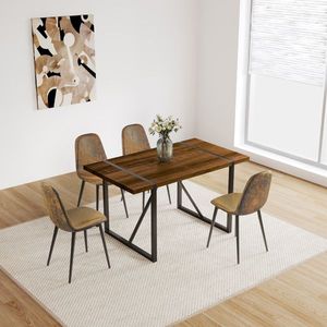 Moderno Juego de Comedor de MDF con Acabado en Nogal de 55 Pulgadas, 4 Sillas con Patas Metálicas de Estilo Mid-Century para un Comedor Elegante - Product Image 1