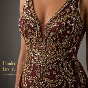 Luxury Burgundy Gold Embroidered Mermaid Evening Gown V Neck Sleeveless <b>Flared</b> Train Dress | OEM Private Label Bulk Supply India - Product Image 3