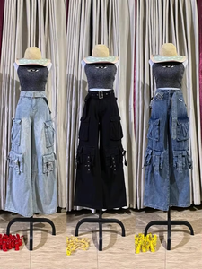 Women Mid Waist Flat Solid Denim Wide Leg Loose Fit Full Length Medium Wash Vintage Hip Hop Elastic Waist Casual Spring Pants - Product Image 4