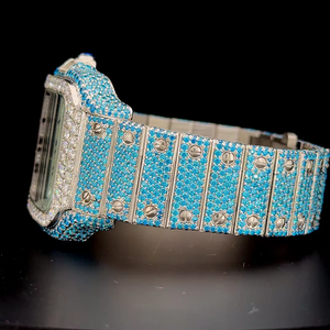 Montre à cadran arabe, couleur bleue fantaisie, entièrement sertie de diamants colorés, style Hip Hop, mouvement à quartz, automatique, entièrement sertie de diamants - Product Image 5