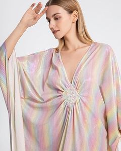 V Neck Maxi Abaya <b>Dress</b> Long Sleeve <b>Loose</b> Fit Elegant Foil Print Polyester Modest Style Women's Beach Wear Spring Summer Adult - Product Image 5