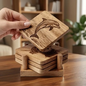Juego de Posavasos Cuadrados de Madera con Diseño de Delfín, Estilo Rústico, Hechos a Mano, Reutilizables - Product Image 2