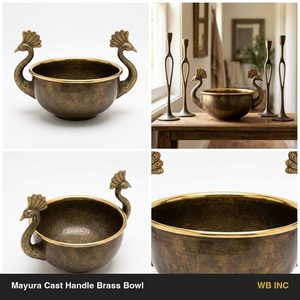 Bol décoratif en laiton antique Mayura avec poignées sculptées, fait main, 34 cm, pour la décoration de la maison, les hôtels et les mariages - Product Image 6