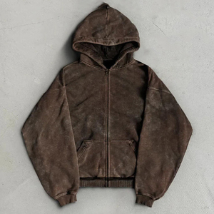 Sudadera con capucha extragrande de forro polar con cremallera y logotipo personalizado, color liso, estilo casual lavado, para otoño, con efecto vintage desgastado por el sol y lavado ácido. - Product Image 1