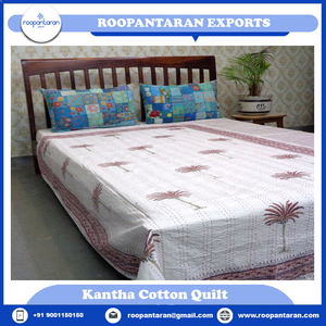 Hot Selling Hand Printed Cotton Kantha <b>Quilt</b> Twin Size Palm Tree Pattern Traditional Home Decor All Season Use - Product Image 2